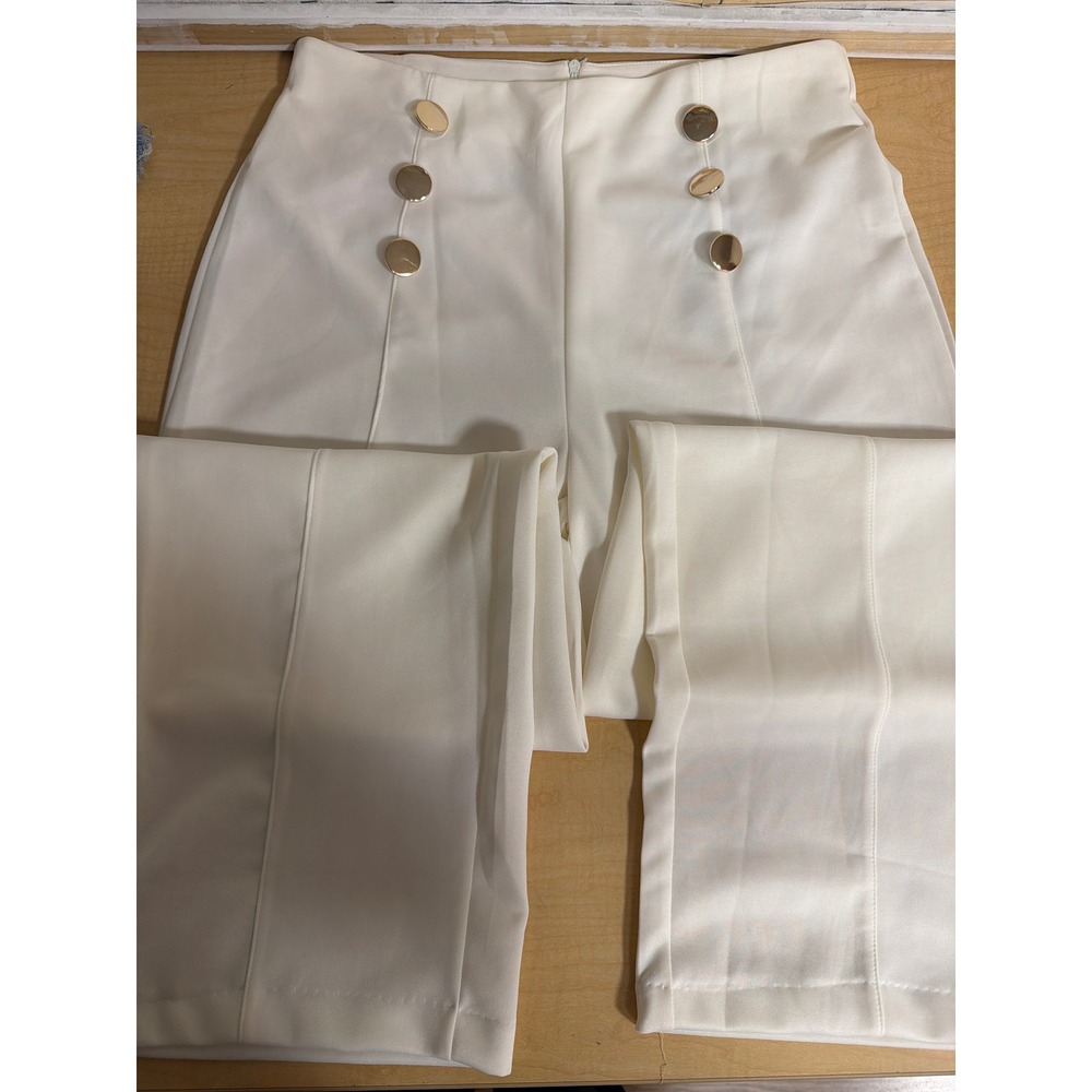 Sailor Style High Waisted Wide Leg Pants Off White Gold Buttons XXL